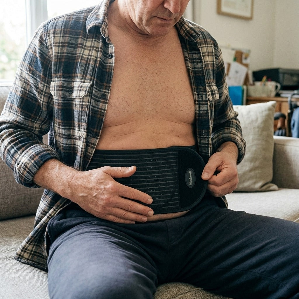 Adjustable Abdominal Hernia Belt with Compression Pad - in use