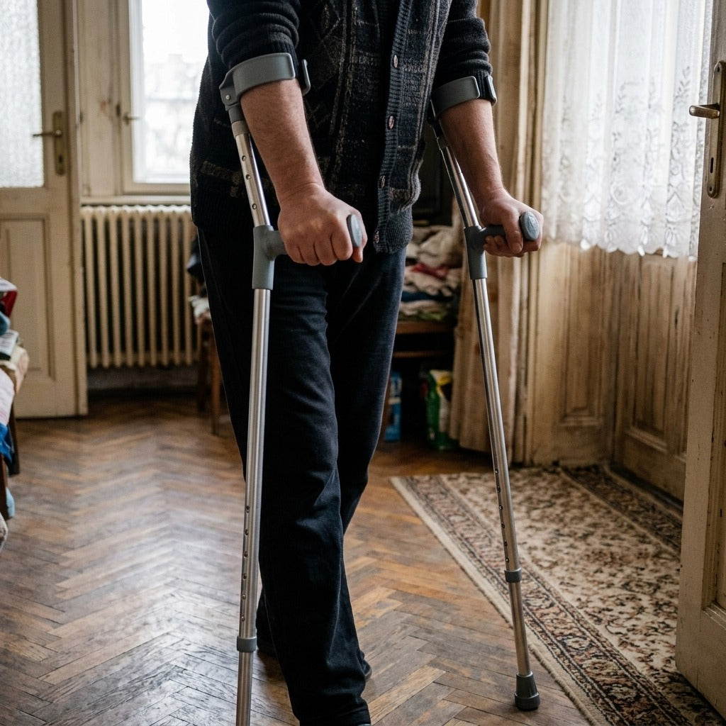 Állítható alumínium alkartámaszos mankó - használat közben