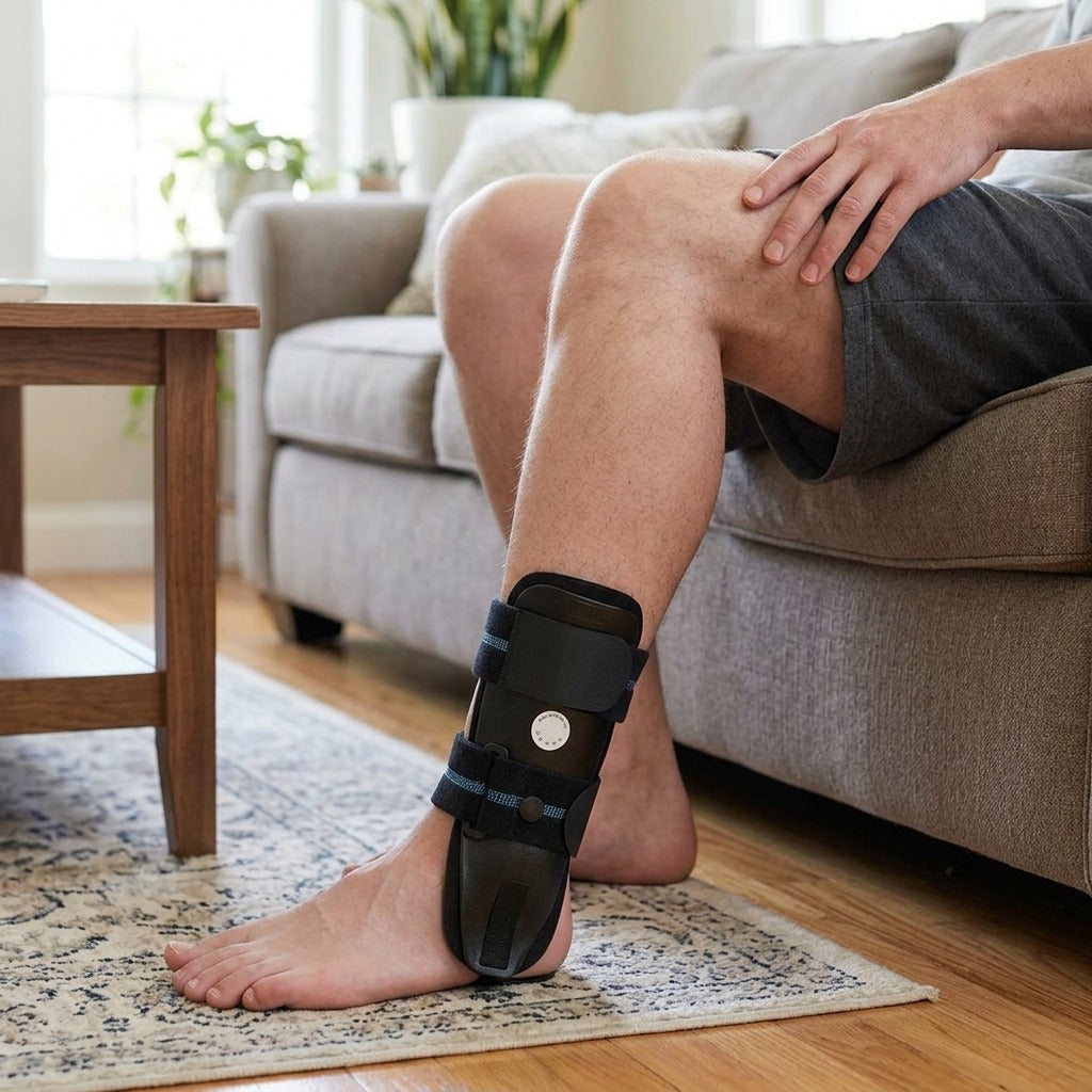 Adjustable Ankle Brace with Foam and Gel Padding - in use