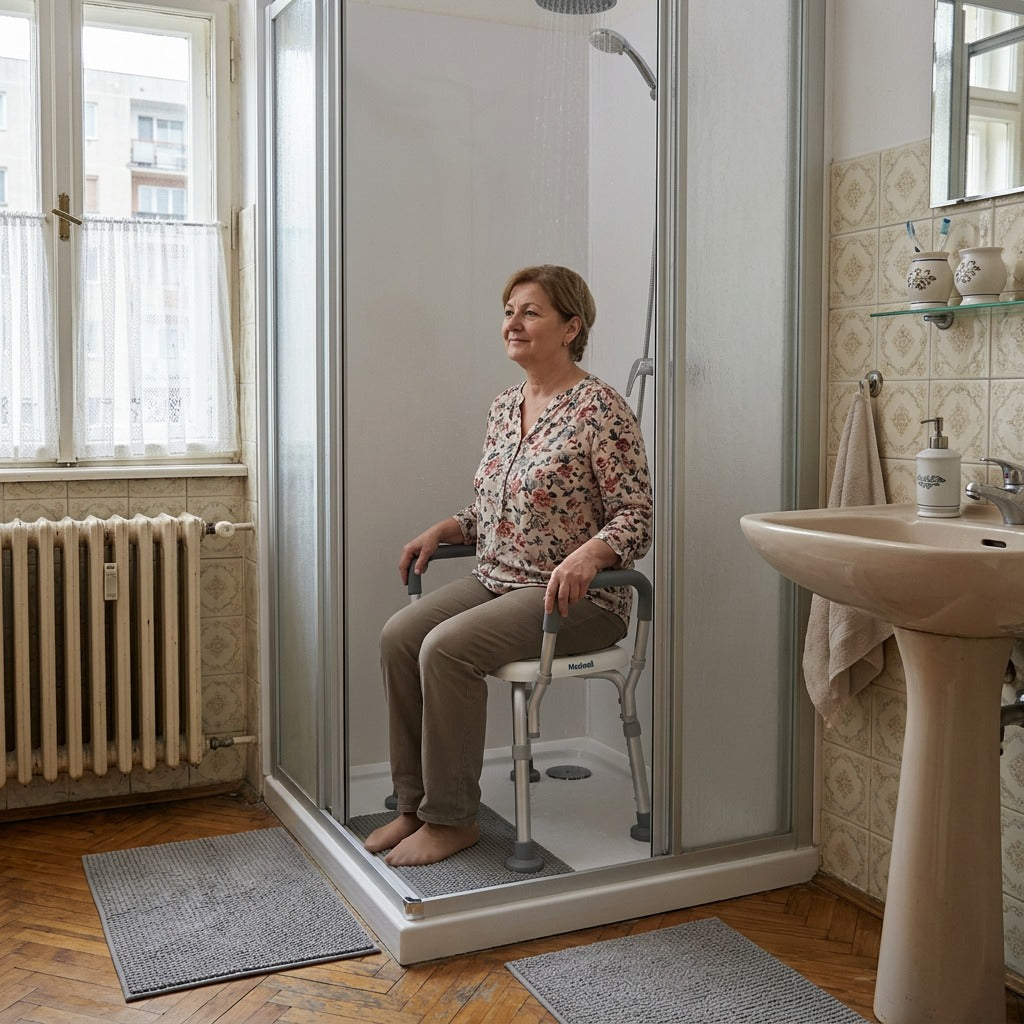 Állítható, csúszásgátlós zuhanyülőke háttámlával - a mindennapokban