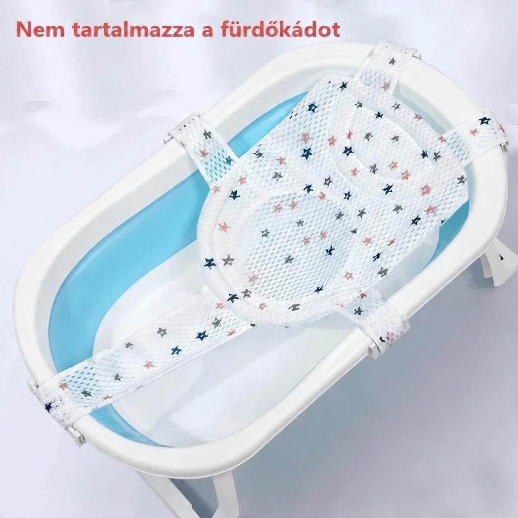 Csillagmintás babafürdető háló kék-fehér babakádba rögzítve.
