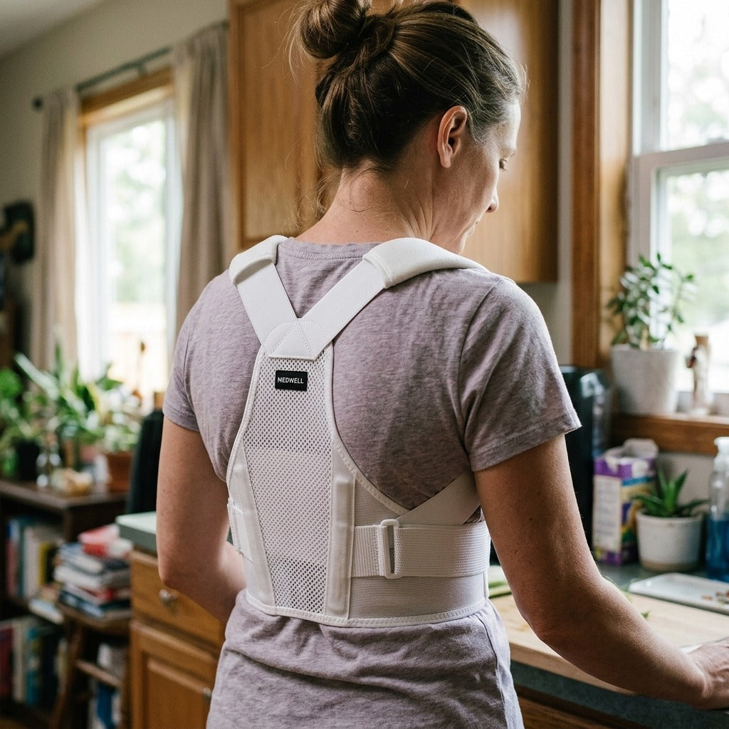 Adjustable Back Brace for Posture Support - in use