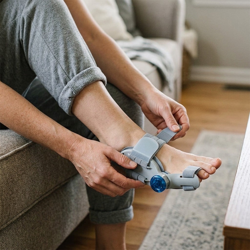 Adjustable Bunion Foot Adjuster with Rotatable Toe Separator - in use