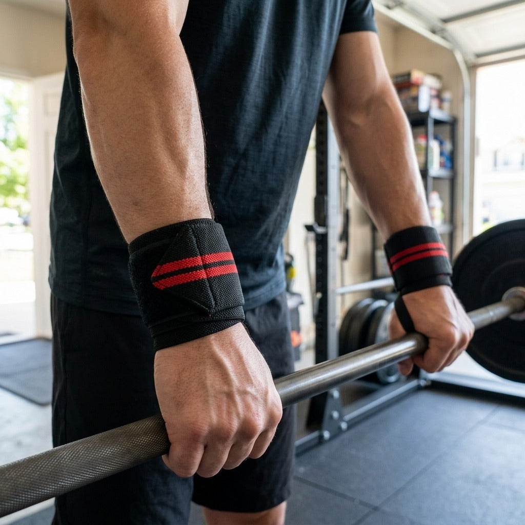 Adjustable Elastic Wrist Straps for Powerlifting, 1 Pair - in use