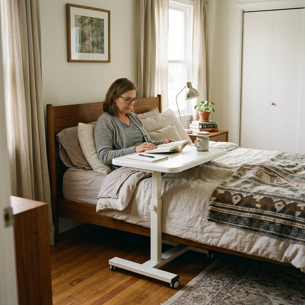 Adjustable Folding Overbed Table with Wheels - at home