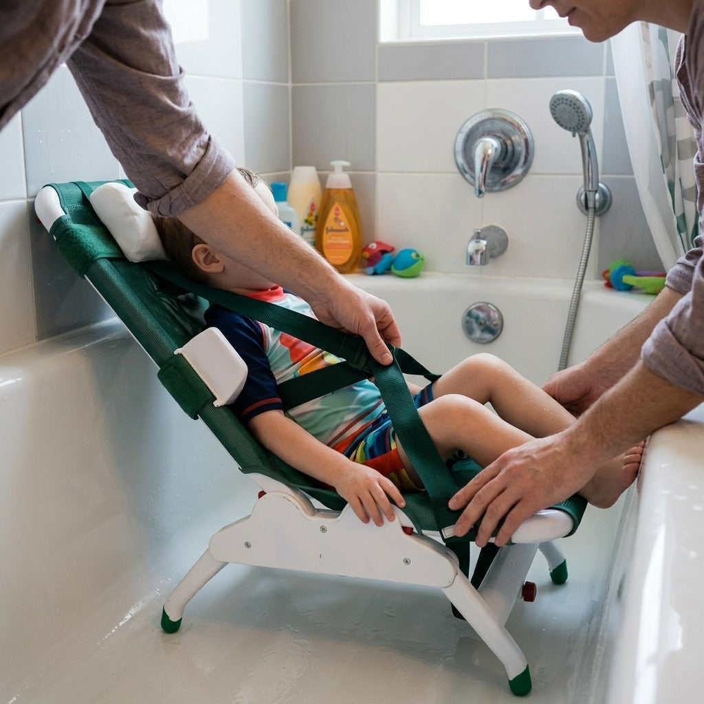 Adjustable Folding Pediatric Shower Chair - in use