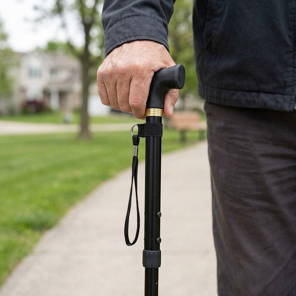 Adjustable Folding Walking Stick with Rubber Tip - in use