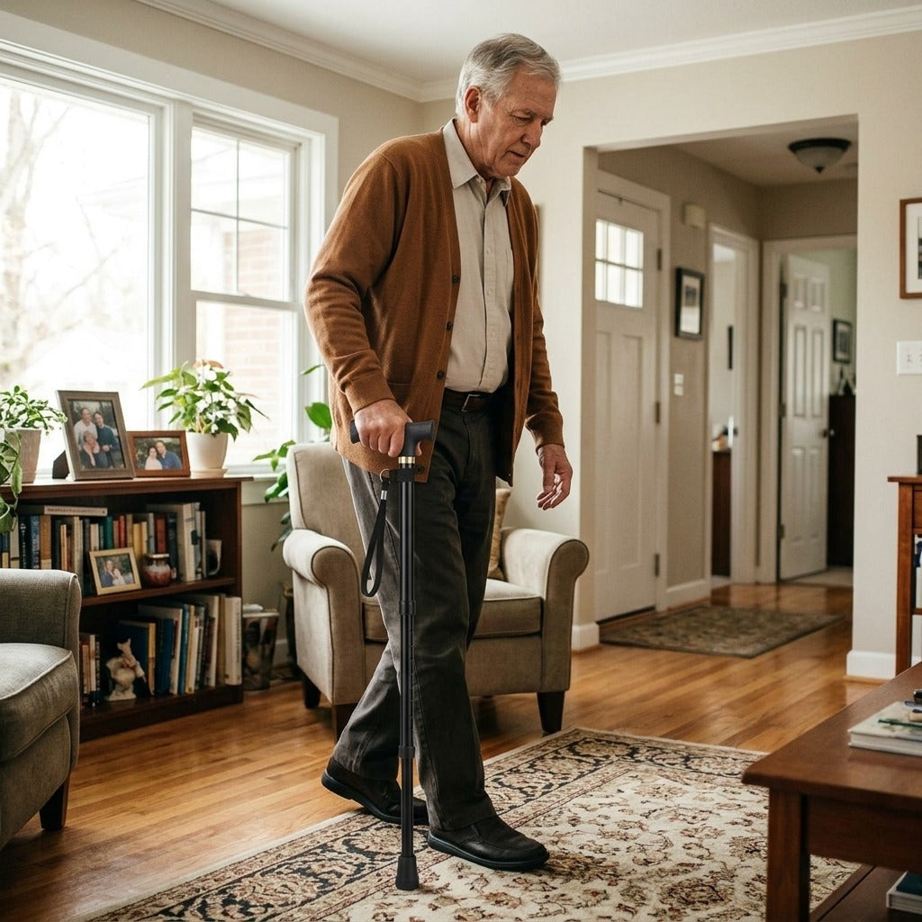 Adjustable Folding Walking Stick with Rubber Tip - at home