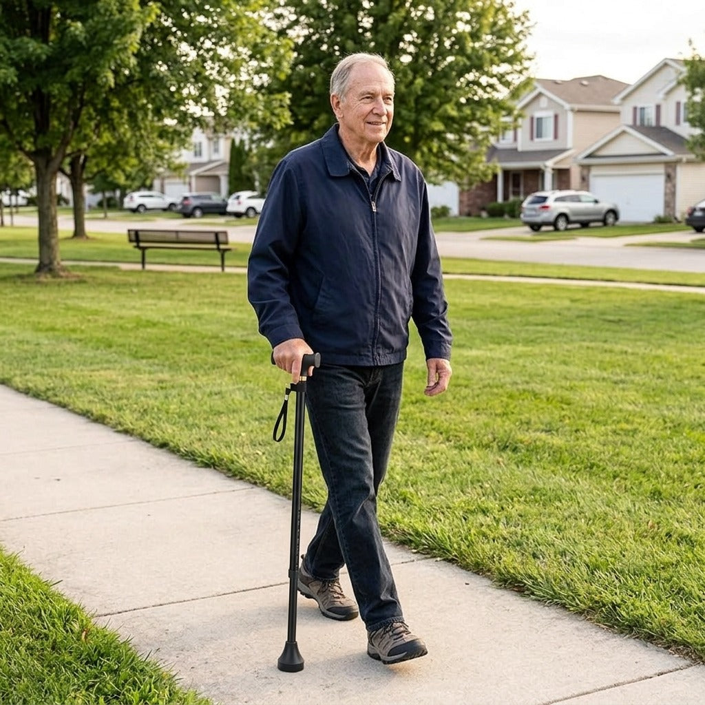 Adjustable Folding Walking Stick with Rubber Tip - in everyday life