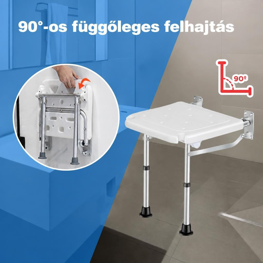 Falra szerelhető, 90 fokban függőlegesen felhajtható zuhanyszék a zuhanyzóban.