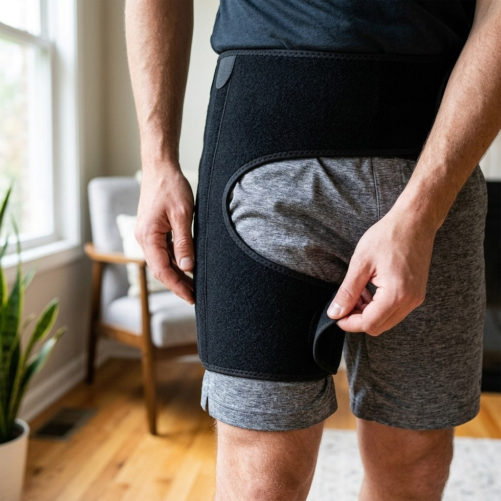 Adjustable Groin and Hip Support Brace - in use
