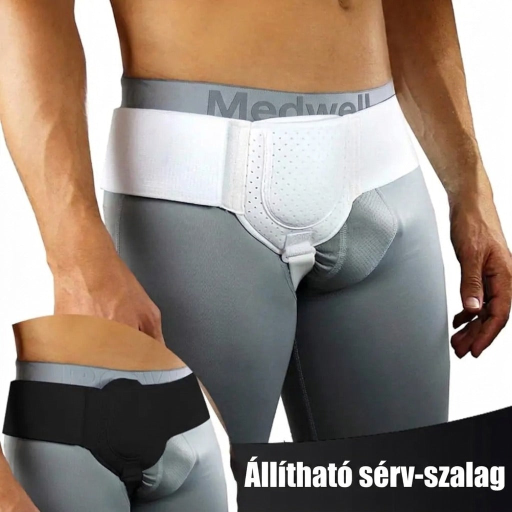 Állítható lágyéksérv-kötő kivehető betétekkel