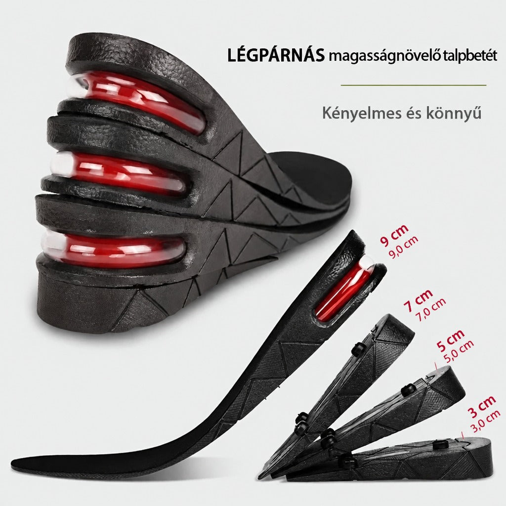 Légpárnás, állítható magasságú fekete talpbetét különböző rétegekkel és magasságjelölésekkel.