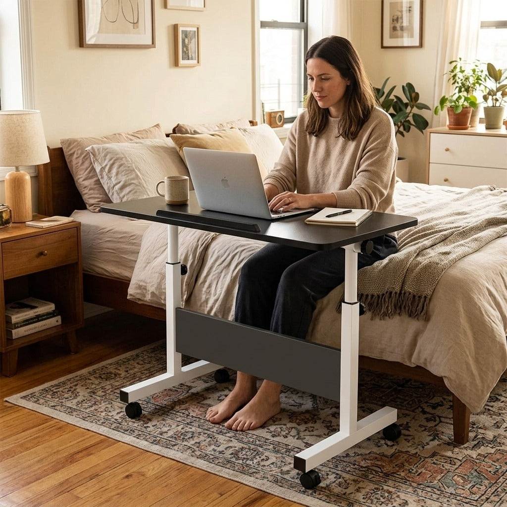 Adjustable-Height Overbed Table with Wheels - at home