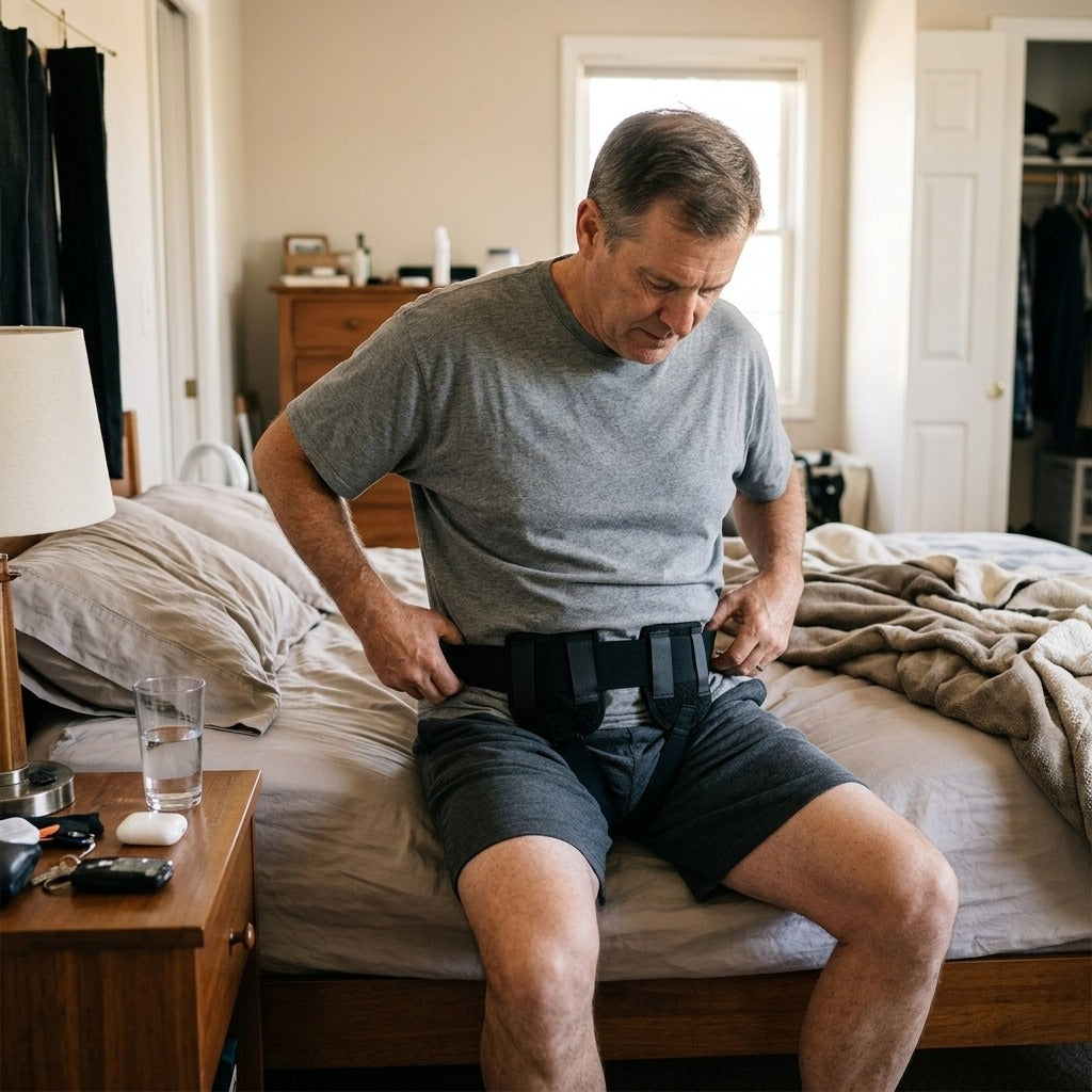 Adjustable Hernia Support Belt with Movable Pads - at home