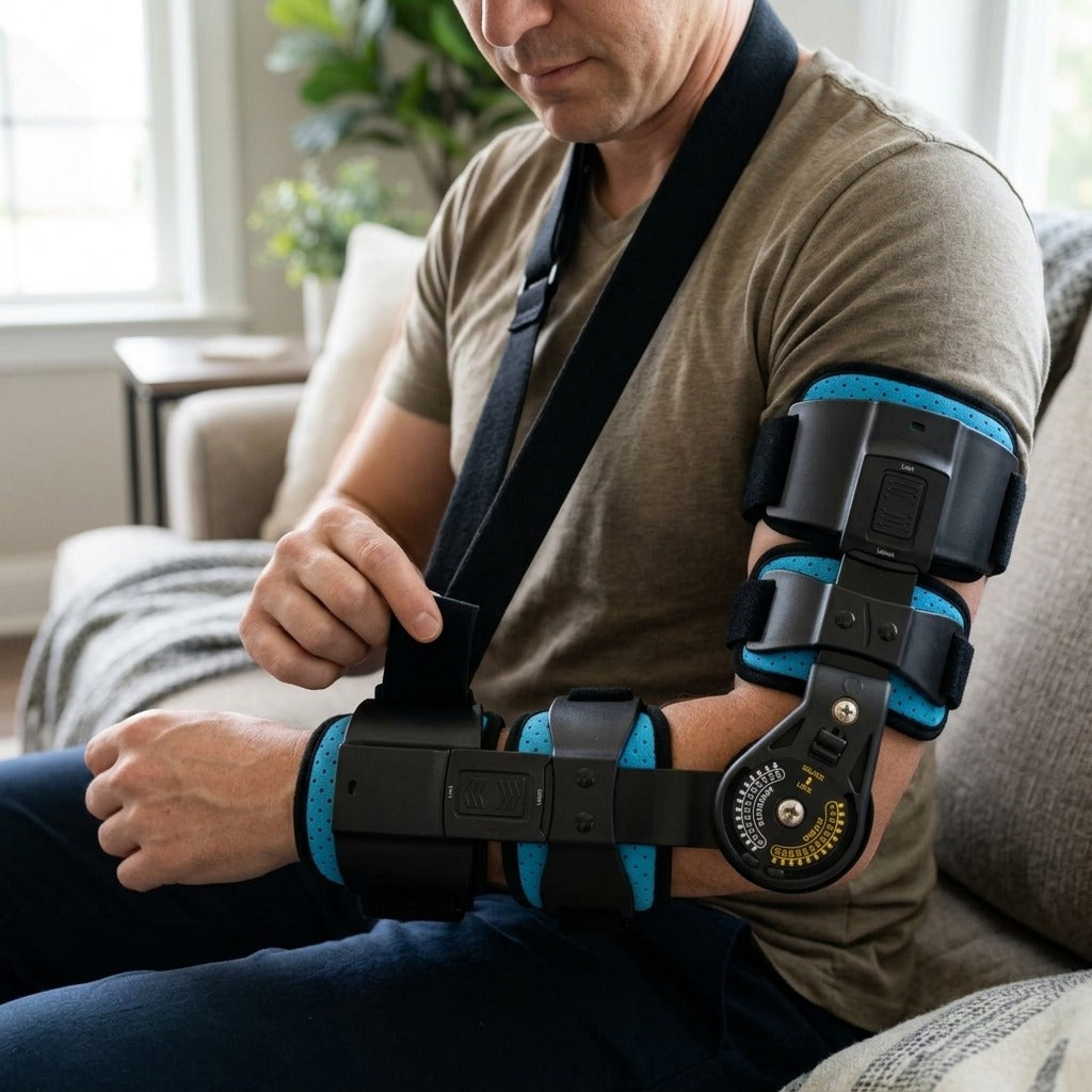 Adjustable Hinged Elbow Brace for Left or Right Arm - in use