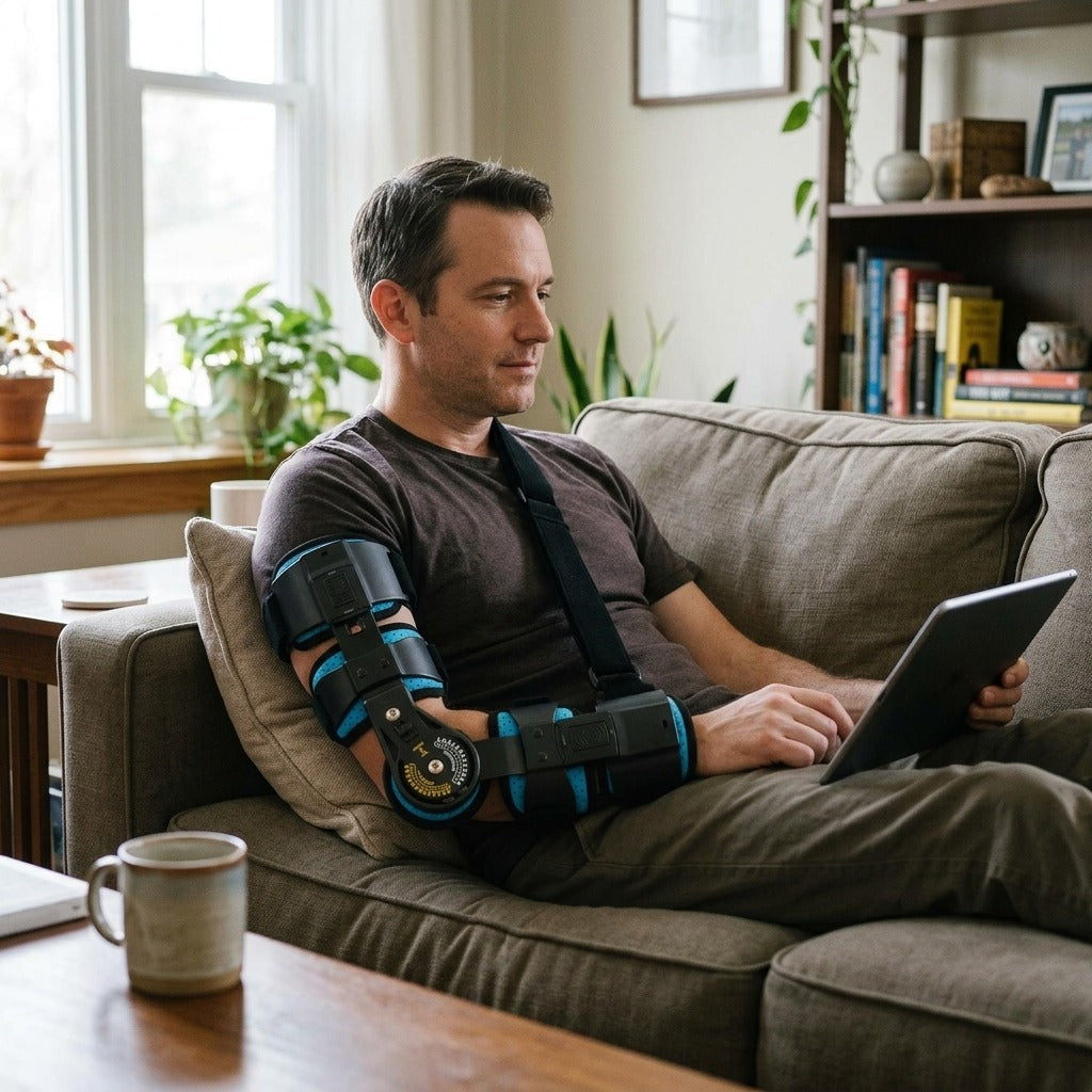 Adjustable Hinged Elbow Brace for Left or Right Arm - in everyday life
