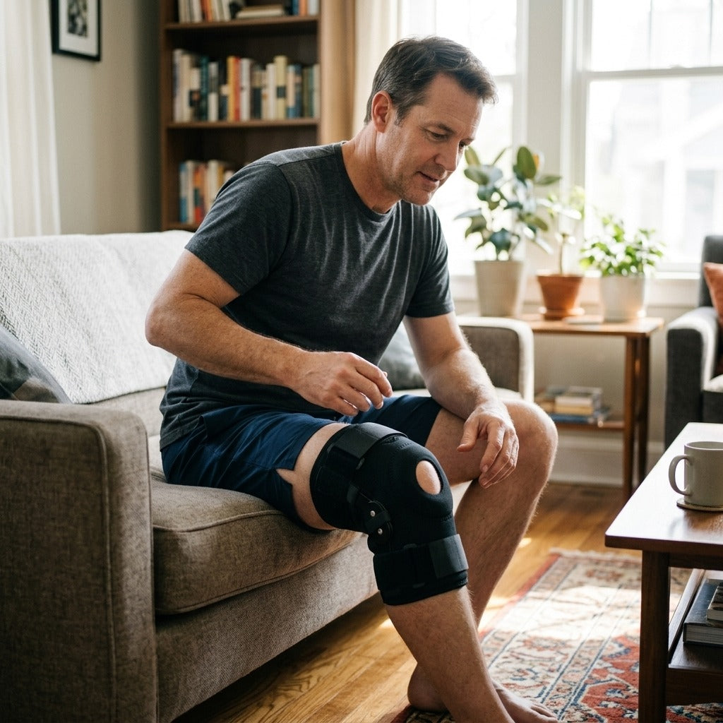 Adjustable Knee Brace with Side Stabilizers and Patella Gel Pads - at home