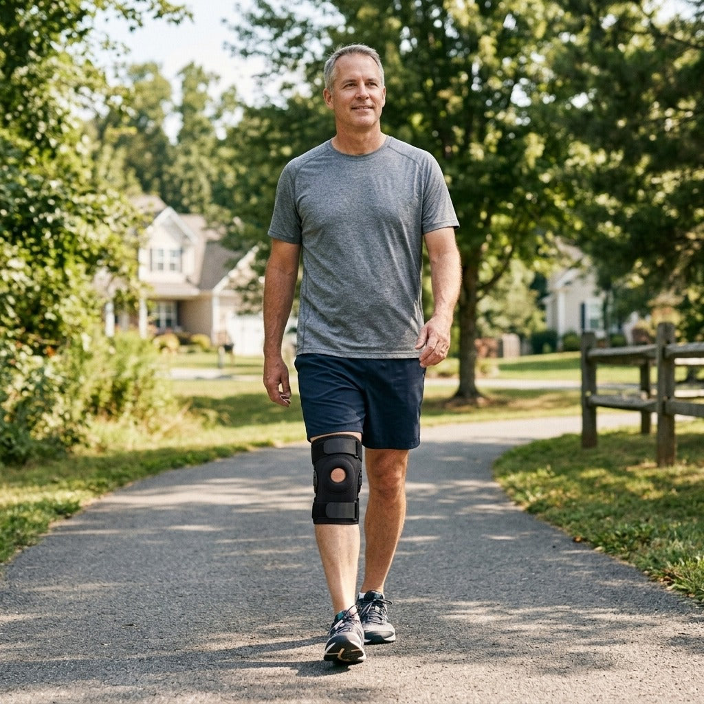 Adjustable Knee Brace with Side Stabilizers and Patella Gel Pads - in everyday life