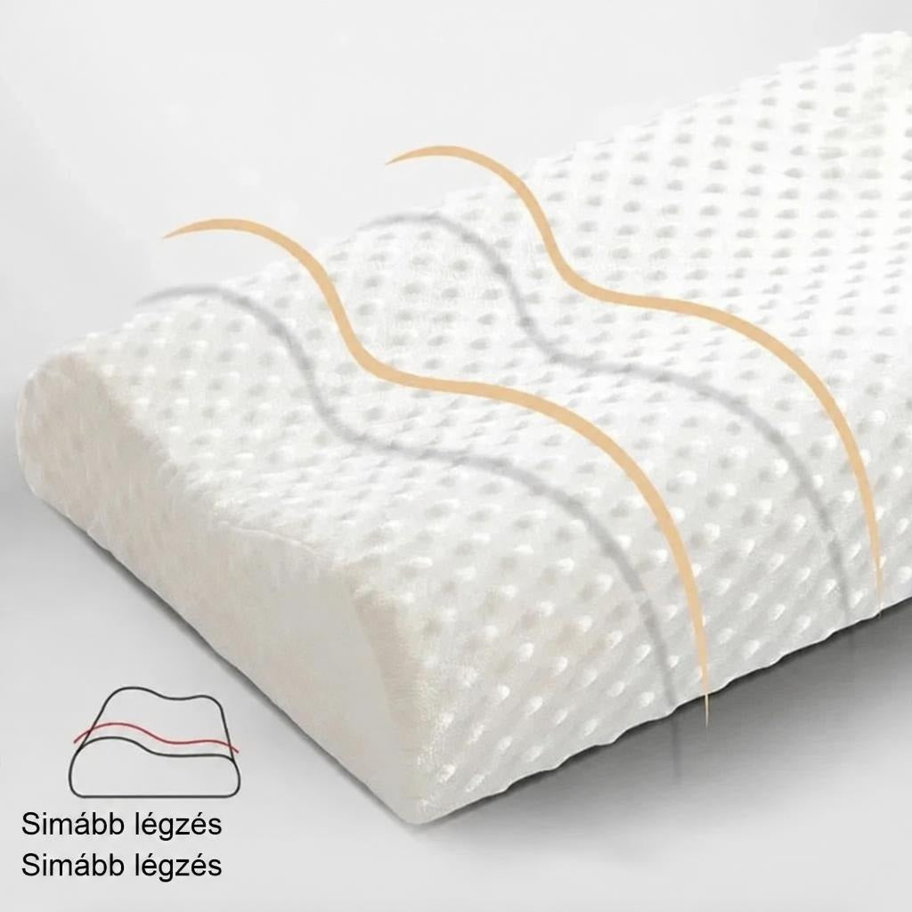 Ergonomikus formájú fehér memóriahabos párna texturált huzattal.