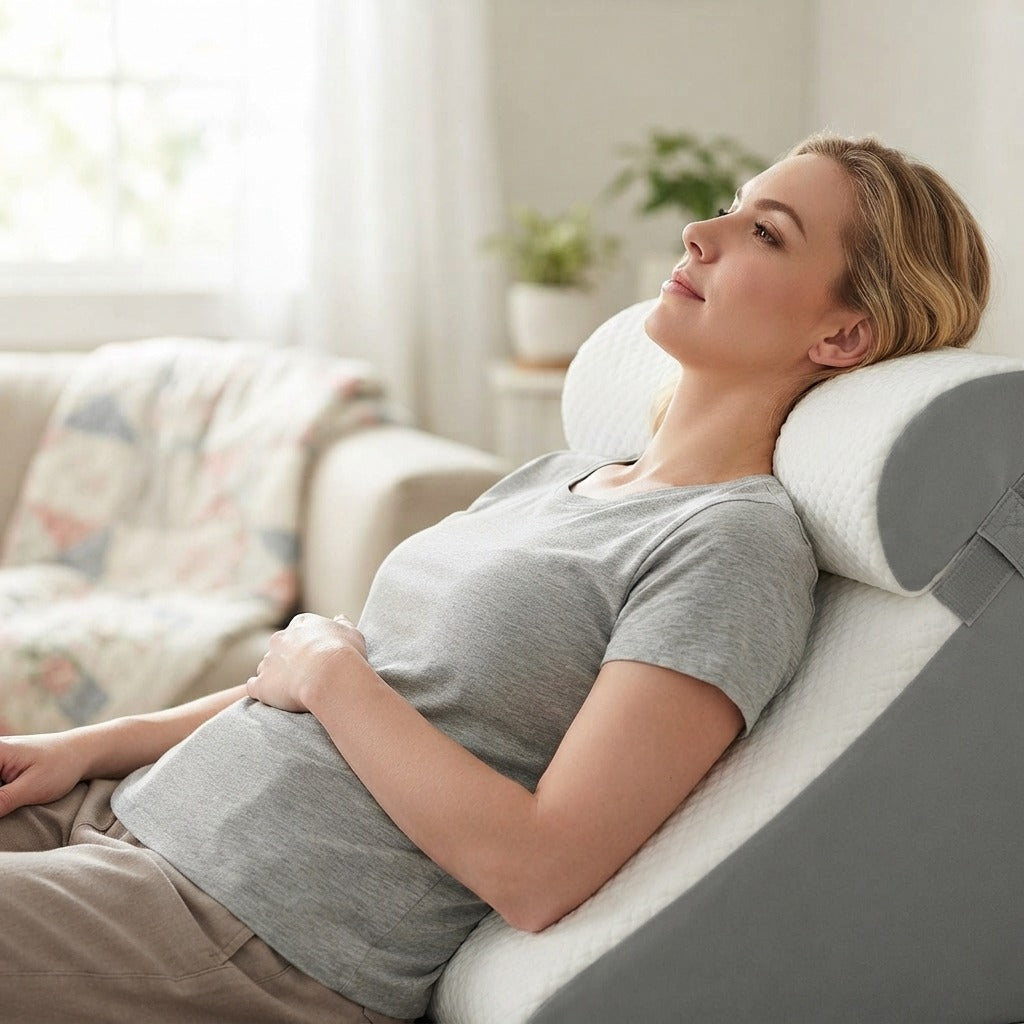 Adjustable Memory Foam Wedge Pillow with Neck Bolster - in use
