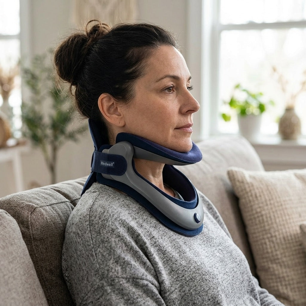 Adjustable Neck Traction Device with Foam Pads - in use