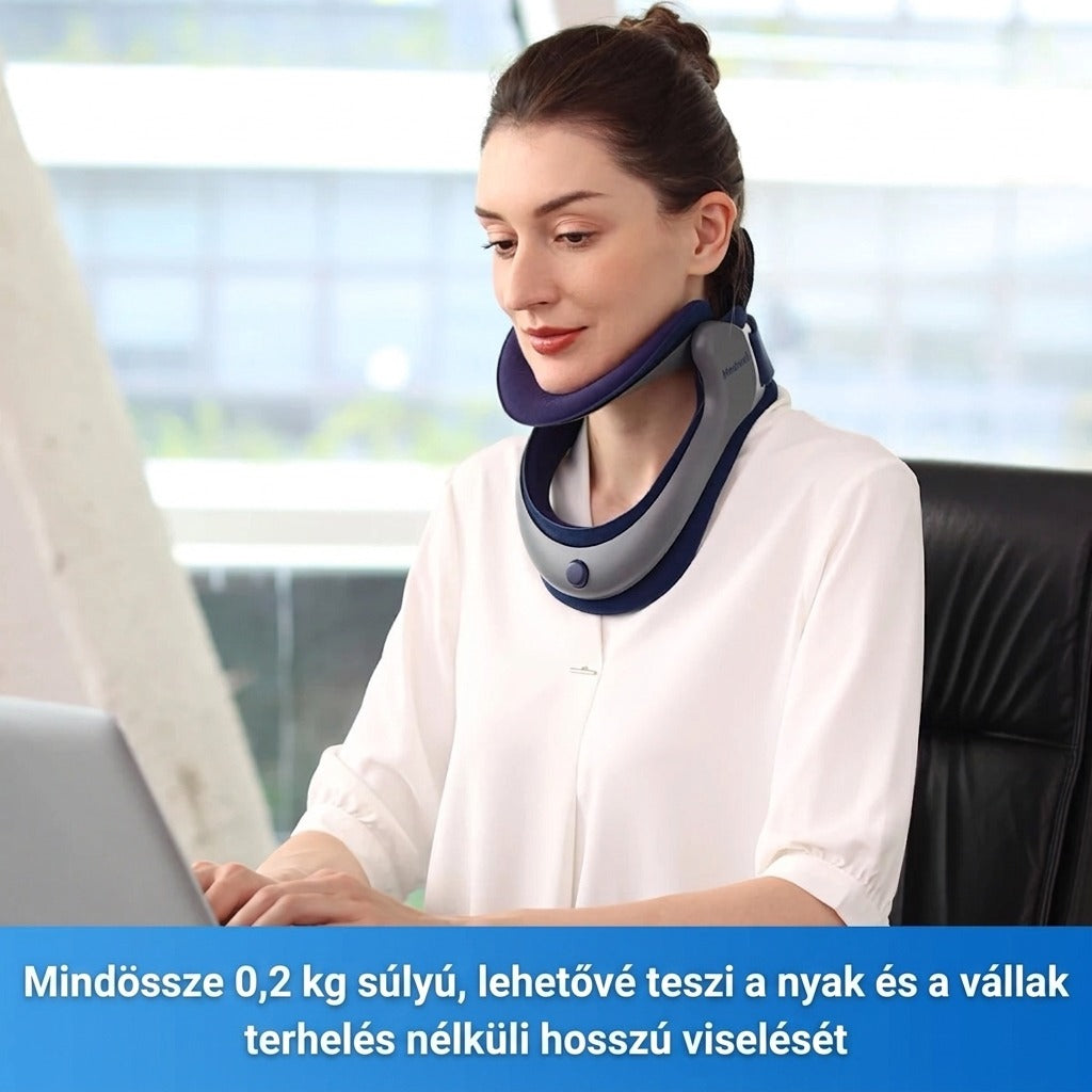 Nő viseli a könnyű Medwell nyakpántot munka közben