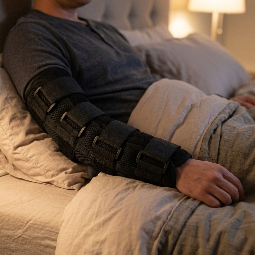 Adjustable Nighttime Elbow Support Brace - in use