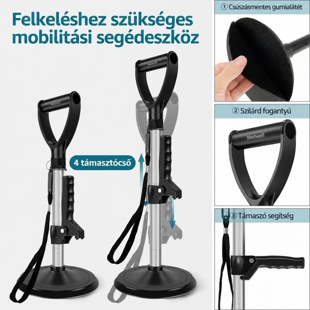 Állítható magasságú felkelést segítő eszköz stabil talppal és fogantyúval.