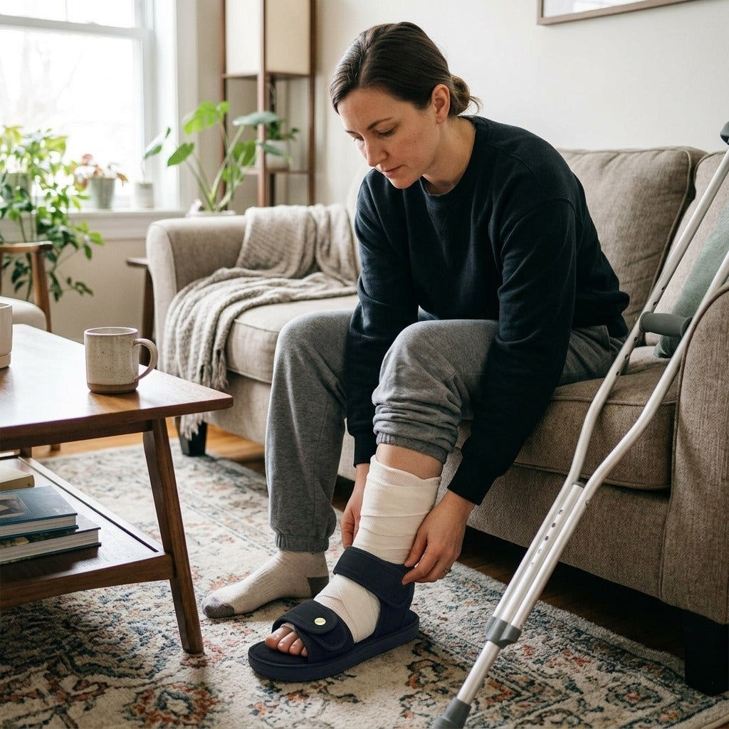 Adjustable Open-Toe Cast Shoe for Foot Injuries - at home