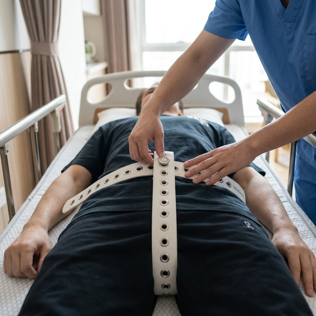 Adjustable Patient Safety Strap with Lockable Waist Belt - in use