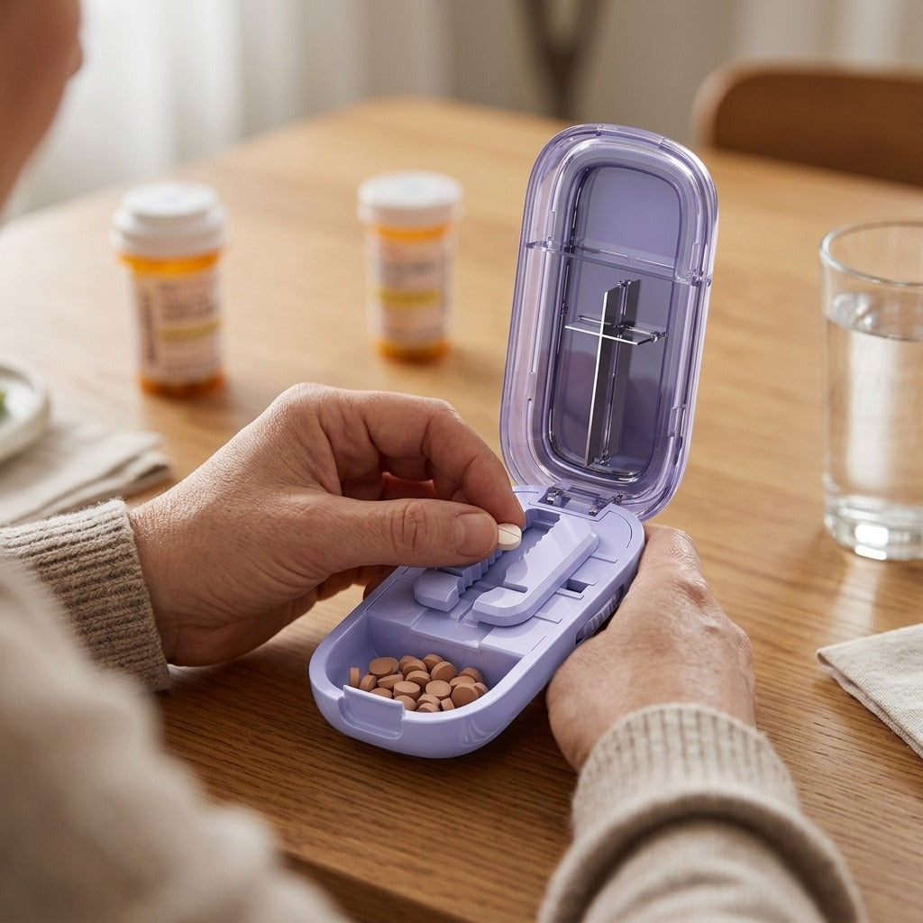 Adjustable Portable Pill Cutter with Hidden Blade - in use