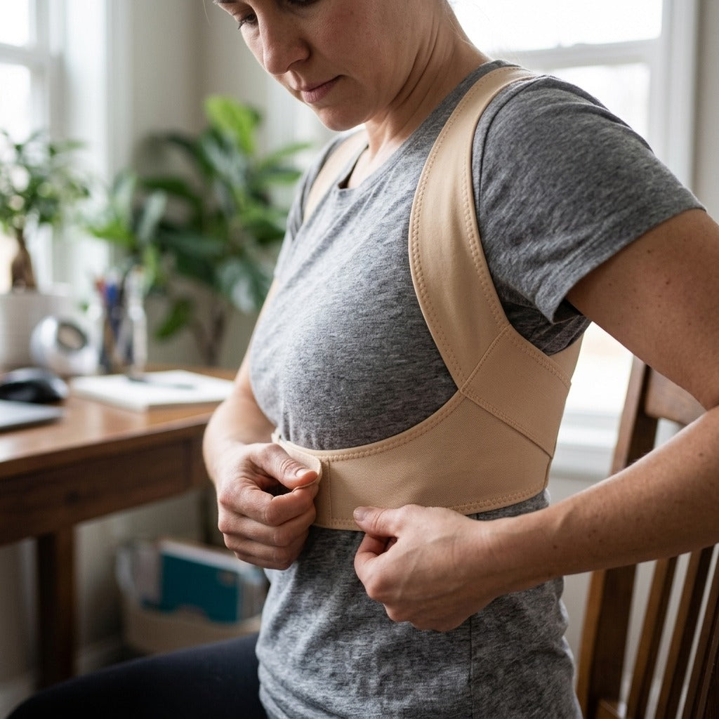 Adjustable Posture Corrector Back Brace for Women, Nylon and Spandex - in use