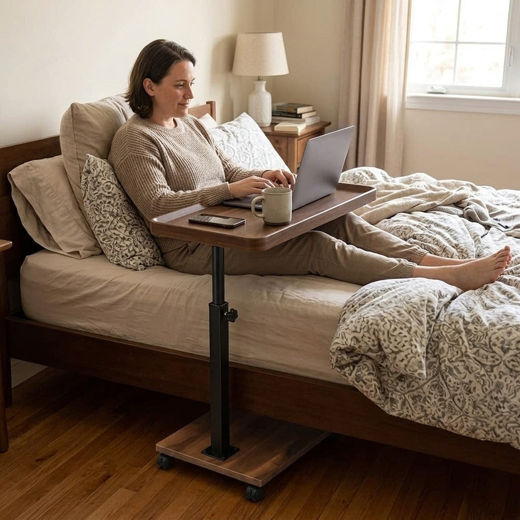 Adjustable Rolling Overbed Table with Rotating Tray - at home