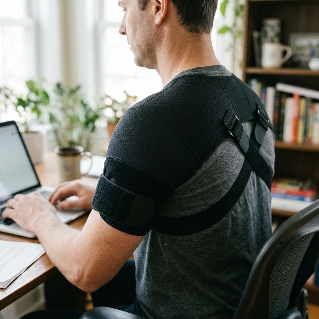 Adjustable Shoulder Support Brace with Cross Compression - in use