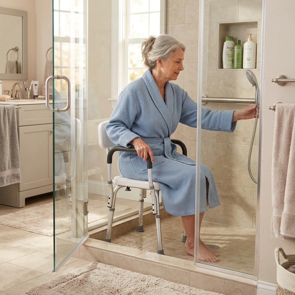 Adjustable Shower Chair with Back and Non-Slip Feet - at home