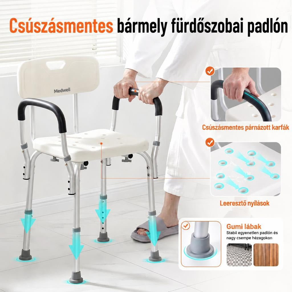 Állítható zuhanyszék háttámlával, csúszásgátló lábakkal