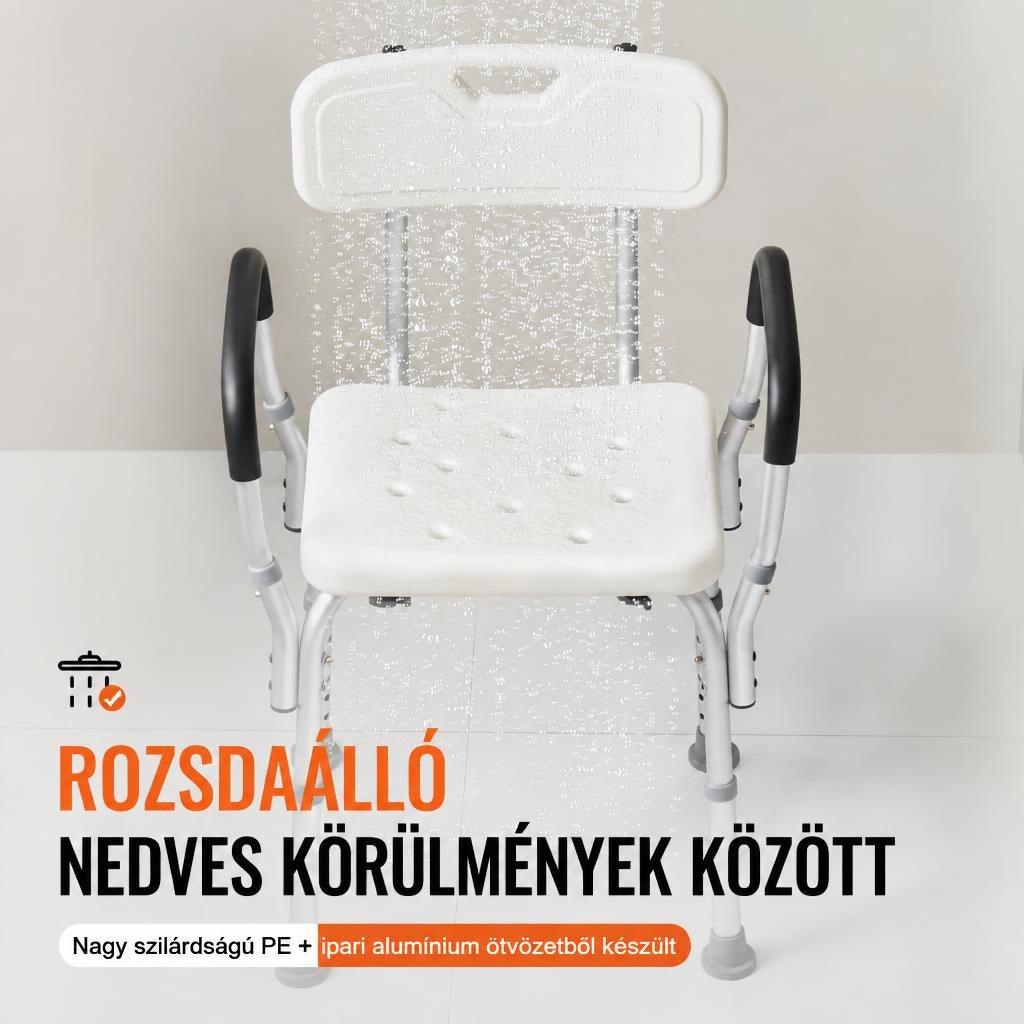 Állítható zuhanyszék háttámlával, csúszásgátló lábakkal