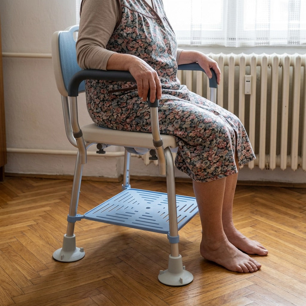 Állítható zuhanyszék háttámlával és karfával - használat közben