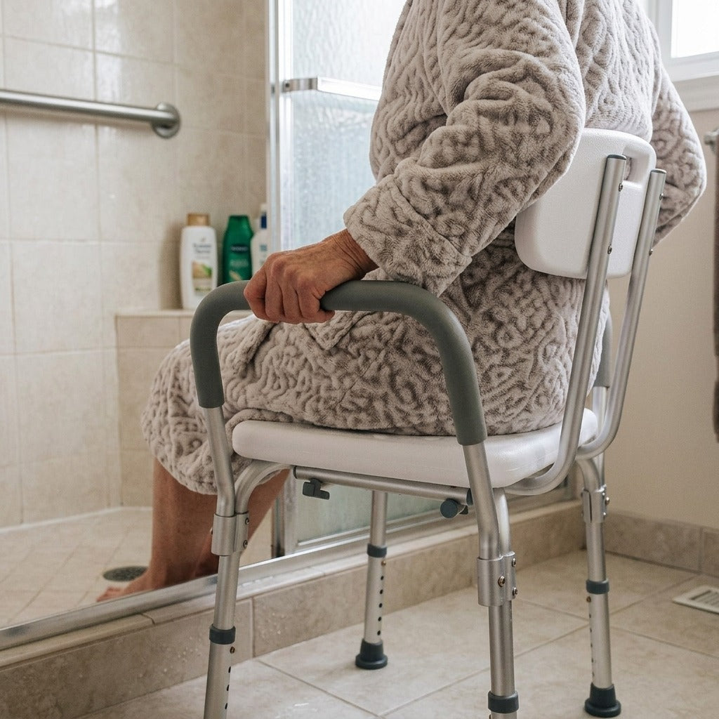 Adjustable Shower Chair with Padded Armrests - in use