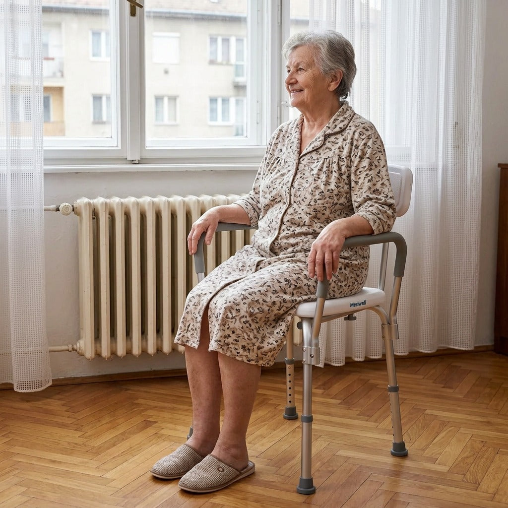 Állítható zuhanyszék párnázott karfával - a mindennapokban