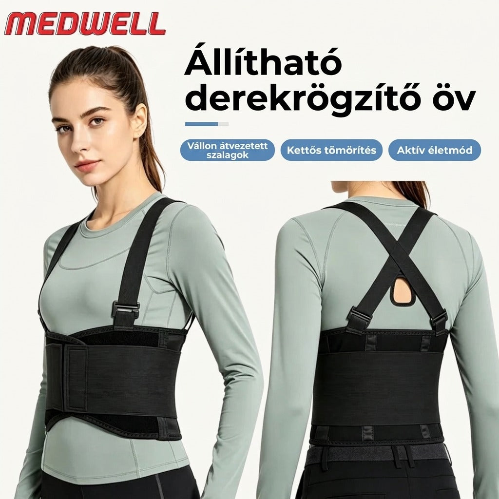 Medwell állítható derekrögzítő öv, vállázon átvezetett, kettős tömörítés.