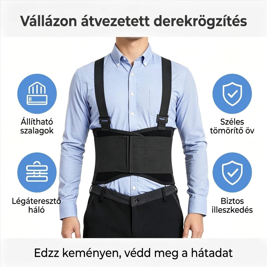 Állítható deréktámasztó öv vállpántokkal