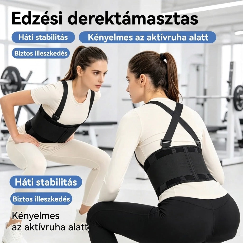 Edzési derektámasztas, háti stabilitás, kényelmes aktívruha alatt.