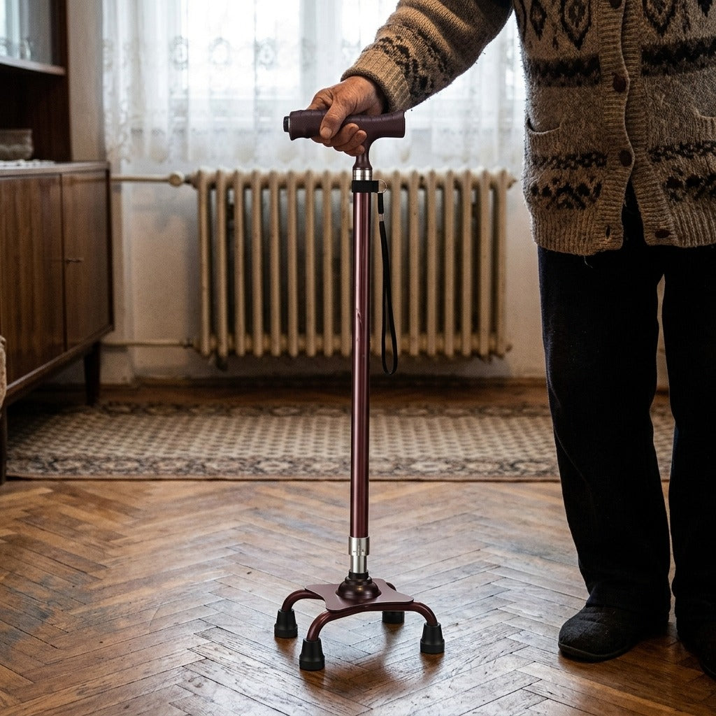 Állítható járóbot LED-világítással és négylábú talppal - használat közben