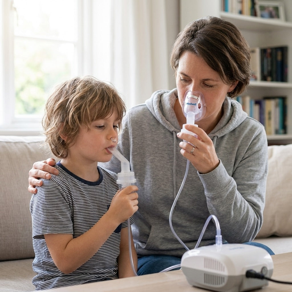 Adult and Child Nebulizer Mouth Tube Set - in use