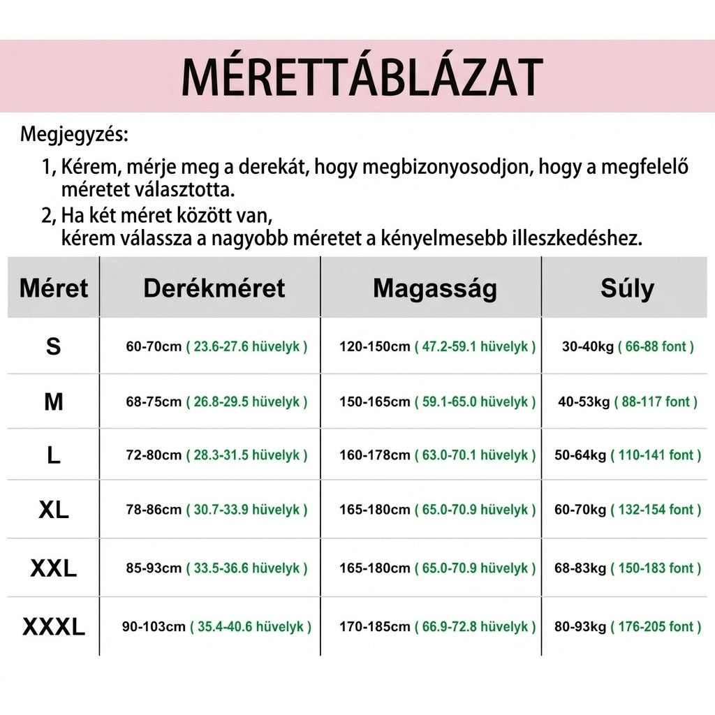 Mérettáblázat derekméret magasság súly méretezéshez