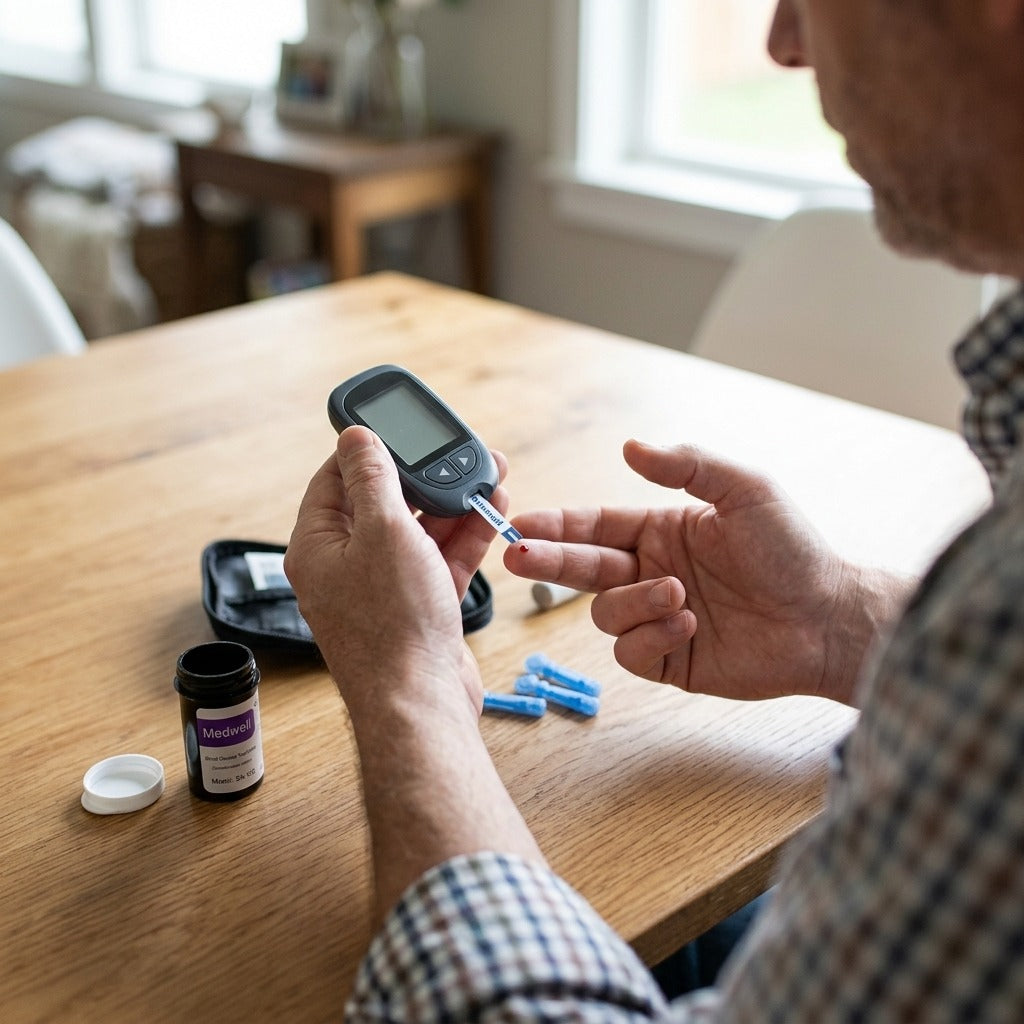 Medwell Blood Glucose Test Strips and Lancets - in use