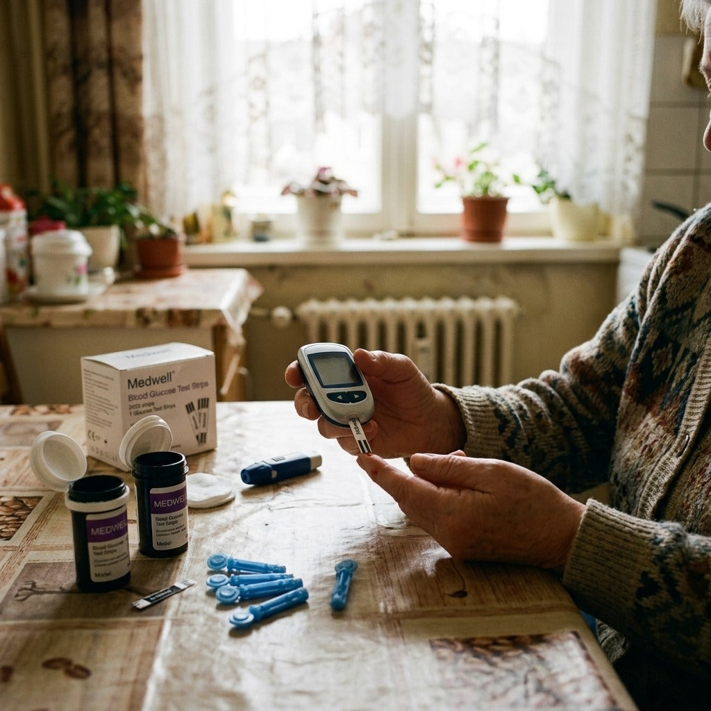 Medwell vércukorteszt-csíkok és lándzsák - használat közben