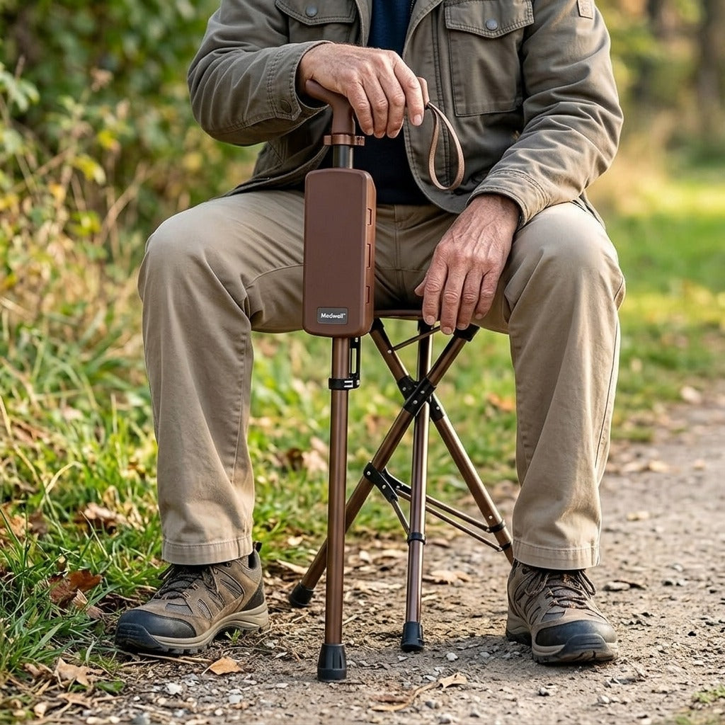 Aluminum Alloy Walking Stick with Foldable Seat, 85 cm - in use